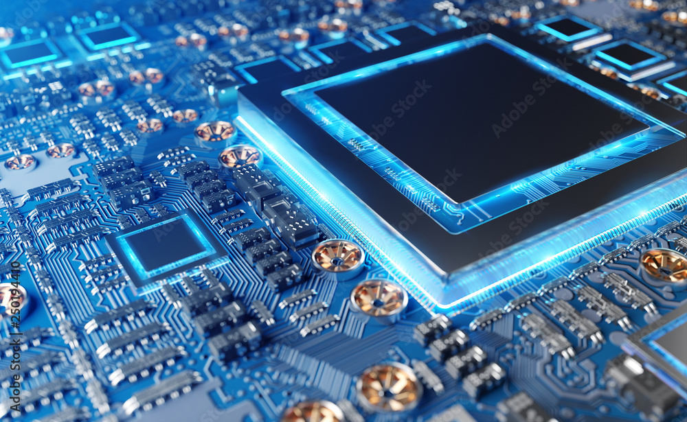 Poster close-up view of a modern gpu card with circuit 3d rendering