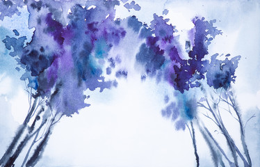 Abstract watercolor illustration of a winter forest. Bottom view of tree tops