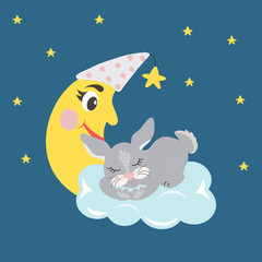 Sleeping gray cute hare on a white cloud. Background with a night starry sky.  Sweet dreams design element. Greeting card. Graphics for t-shirts.