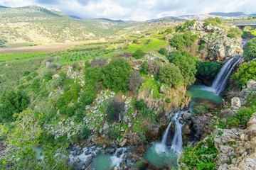 Saar waterfall and the Nimrod fortress, in the Golan Heights