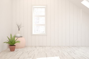 White minimalist empty room. Scandinavian interior design. 3D illustration