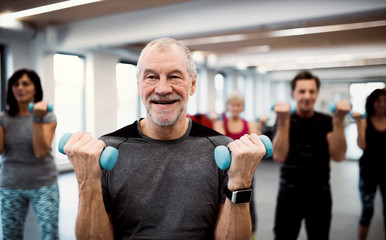 Group of cheerful seniors in gym doing exercise with dumbbells.