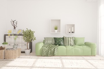 White stylish minimalist room with green  sofa. Scandinavian interior design. 3D illustration
