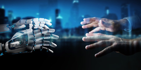 Fototapeta na wymiar Robot hand making contact with human hand on dark background 3D rendering