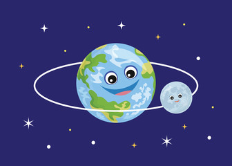 Cute earth and moon against the starry sky. Funny cartoon characters.  Vector illustration in simple flat style.