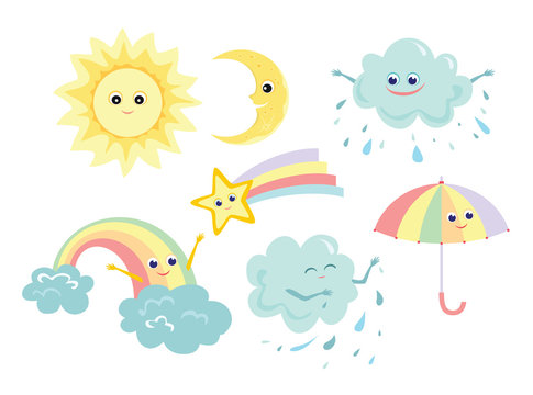 Cute weather icon set. Sun, moon, star with rainbow tail, rainbow, rainy cloud,  umbrella. Funny characters isolated on white background. Vector illustration in cartoon simple flat style.