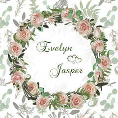 Wedding invitation. Wreath with flowers and leaves background pattern. Botanical illustration. Boxwood, eucalyptus, brunia, forest fern and pink rose. Invitations, cards. Elements