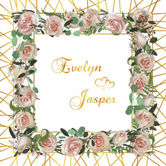 Wreath with flowers and leaves golden stripes mesh on background. Botanical illustration. Boxwood, eucalyptus, brunia, forest fern and pink rose. Invitations, cards. Design elements