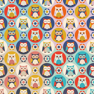 seamless cute owls vector pattern