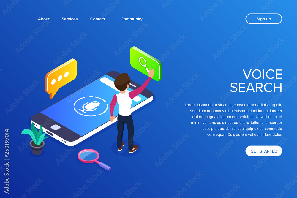 Poster isometric voice search concept. search for information using voice. voice commands or voice assistan