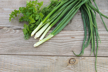 Fresh green onion, parsley and dill on rustic wooden table