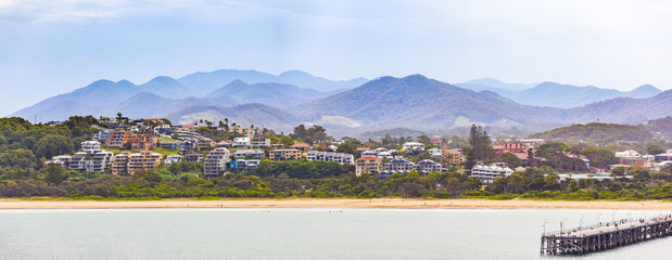 Panorama of luxury houses and mountains at Coffs Harbour, New South Wales, Australia