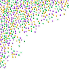 Mardi Gras beads in traditional colors, gold, purple, green, isolated on white, decorative background template, vector illustration