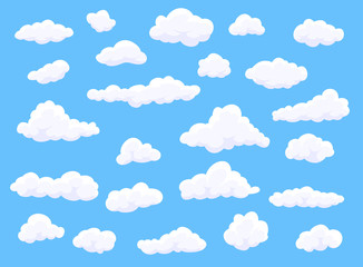Different shape cartoon white clouds on blue background. Vector decoration element. - obrazy, fototapety, plakaty