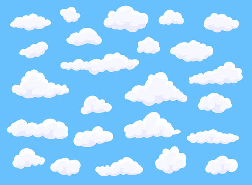 Different shape cartoon white clouds on blue background. Vector decoration element.