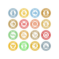 No allergens circle stickers colorful stamp set. No gluten, no dairy, no peanuts vector labels in pastel colors.