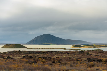Autumn view across lake Myvatn in northern Iceland
