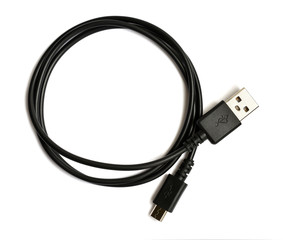 Black USB cable plug isolated on white background. USB - micro USB. - Powered by Adobe