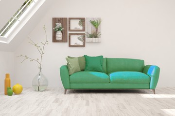 White stylish minimalist room with sofa. Scandinavian interior design. 3D illustration