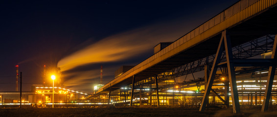 big chemical factory at night-panorama.Police,Poland