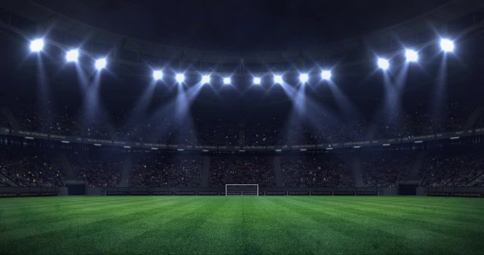 grand football stadium at night with light moving as seamless loop, soccer arena sport advertisement static view background, 4k loop animation