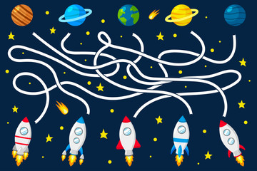 Maze game for kids. Help the rockets find the right way to the planet. Open space with stars. Vector illustration.