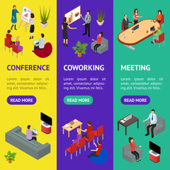 Coworking People and Equipment 3d Banner Vecrtical Set Isometric View. Vector