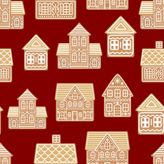 Cartoon Festive Gingerbread Houses Seamless Pattern Background. Vector