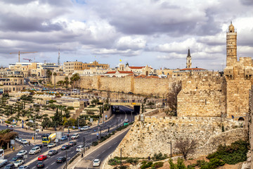 Fototapeta na wymiar Jerusalem, Israel. Panoramic view to the Tower of David near the Jaffa Gate and to the old city from the city wall.