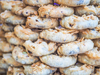 Closeup of Asian dessert pattern at street food local market.