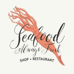 Vector seafood banner or menu for restaurant or shop with squid and handwritten inscriptions in retro style