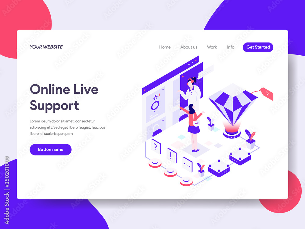 Poster landing page template of online live support illustration concept. isometric flat design concept of 