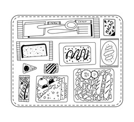Airline food. Lunch on a board. Black and white illustration for coloring book. Vector outline illustration