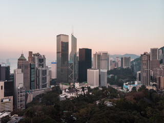 Aerial view of Hong Kong Central district at sunset