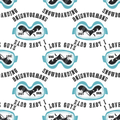 Snowboard pattern background. Winter ski seamless design with snowboarding mask, mountains and quote - I love guys who love snowboarding. Typography wallpaper. Stock vector isolated