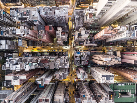 Top down view of the very densly populated North Point district in Hong Kong