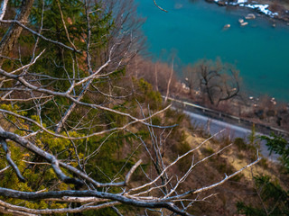 Mountain river valley landscape. View from the cliff to the mountains and the river