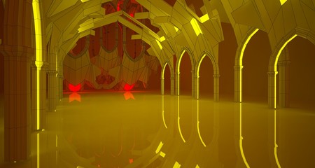 Abstract  white Futuristic Sci-Fi Gothic interior With Red And Yellow Glowing Neon Tubes . 3D illustration and rendering.