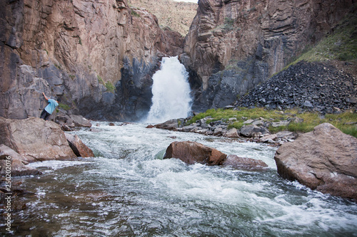 Beautiful Waterfall 3 Parrots In Kyrgyzstan Man Climbing On