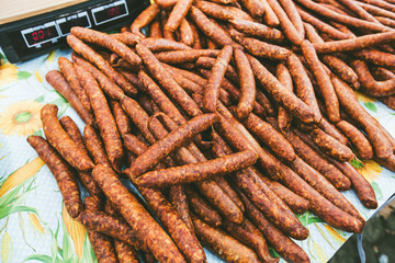 Domestic Traditional Food Smoked Sausage At Local Farmer Marketplace