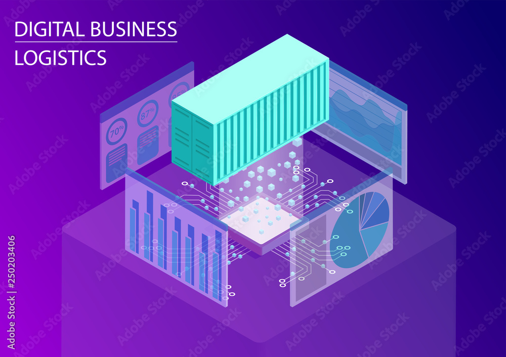 Poster digital business logistics concept. 3d isometric vector illustration with floating shipping containe