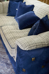 Blue soft sofa upholstery velor in the room