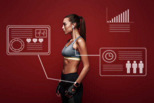 No Pain. No Gain. Sportswoman standing over red background, looking away. Game concept with graphic drawing.