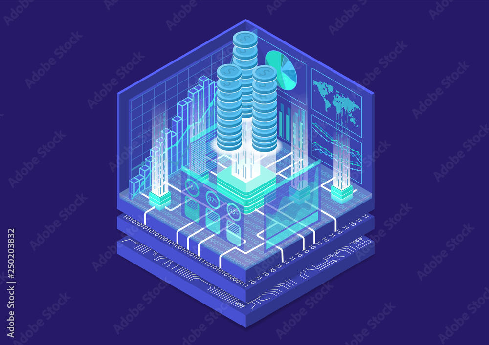 Aufkleber financial technology concept with stacks of virtual dollars and data flow of transactions as isometr