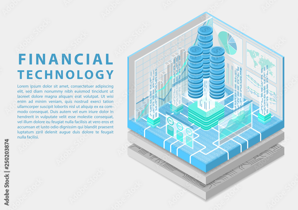 Aufkleber financial technology concept with stacks of virtual dollars and data flow of transactions as isometr