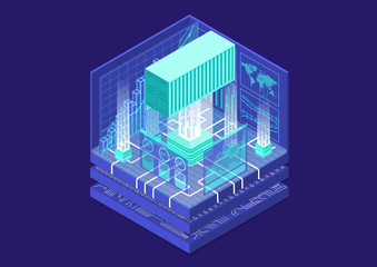 Global digital trade concept with connected shipping container and analytics dashboard as isometric vector illustration