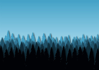 Landscape with spruce forest at dusk. Snowy trees in a park or forest. Design in the style of paper art. Vector