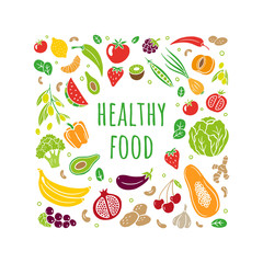 Hand-drawn fruits and vegetables in organic style isolated on white background. Vector illustration for banners, sites, menu design, packaging, cooking book or advertising.