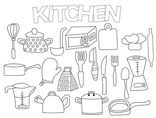 Kitchen utensils set of icons and objects. Hand drawn doodle cooking supplies design concept. Black and white outline coloring page game. Monochrome line art. Vector illustration.