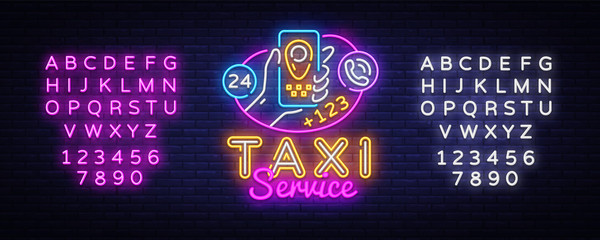 Taxi Service Neon Signboard Vector. Taxi Online neon sign, Hands with smartphone and taxi application design template, modern trend design, night neon signboard. Vector. Editing text neon sign